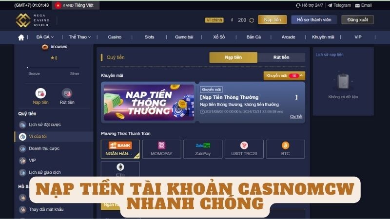 Nạp tiền tài khoản casinomcw nhanh chóng